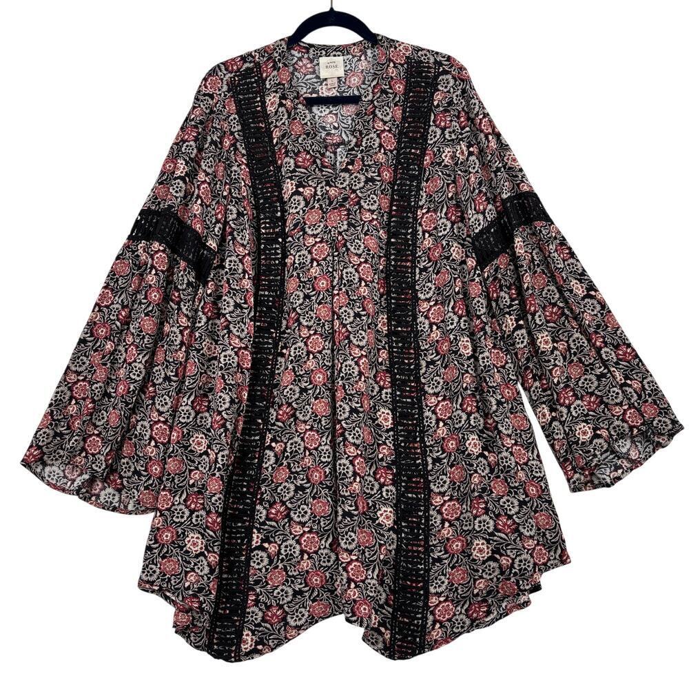 Knox Rose Tunic Dress Womens Size L Black Floral Bohemian Wide Sleeve